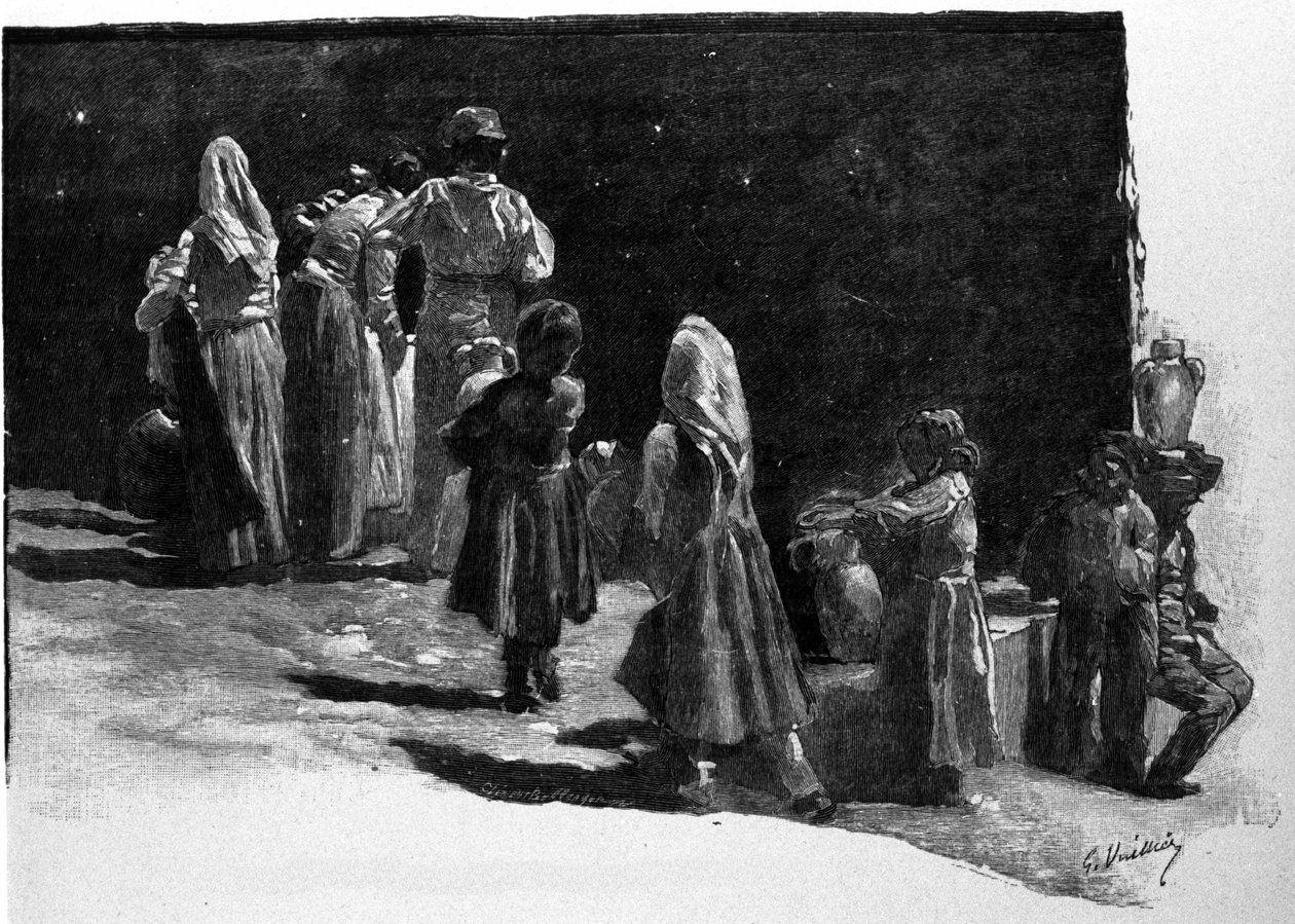 Batıl inanç: Sicilya köylerinin sakinlerinin yıldızları tefekkür etmesi. 19. yüzyıl gravürü by Unknown artist