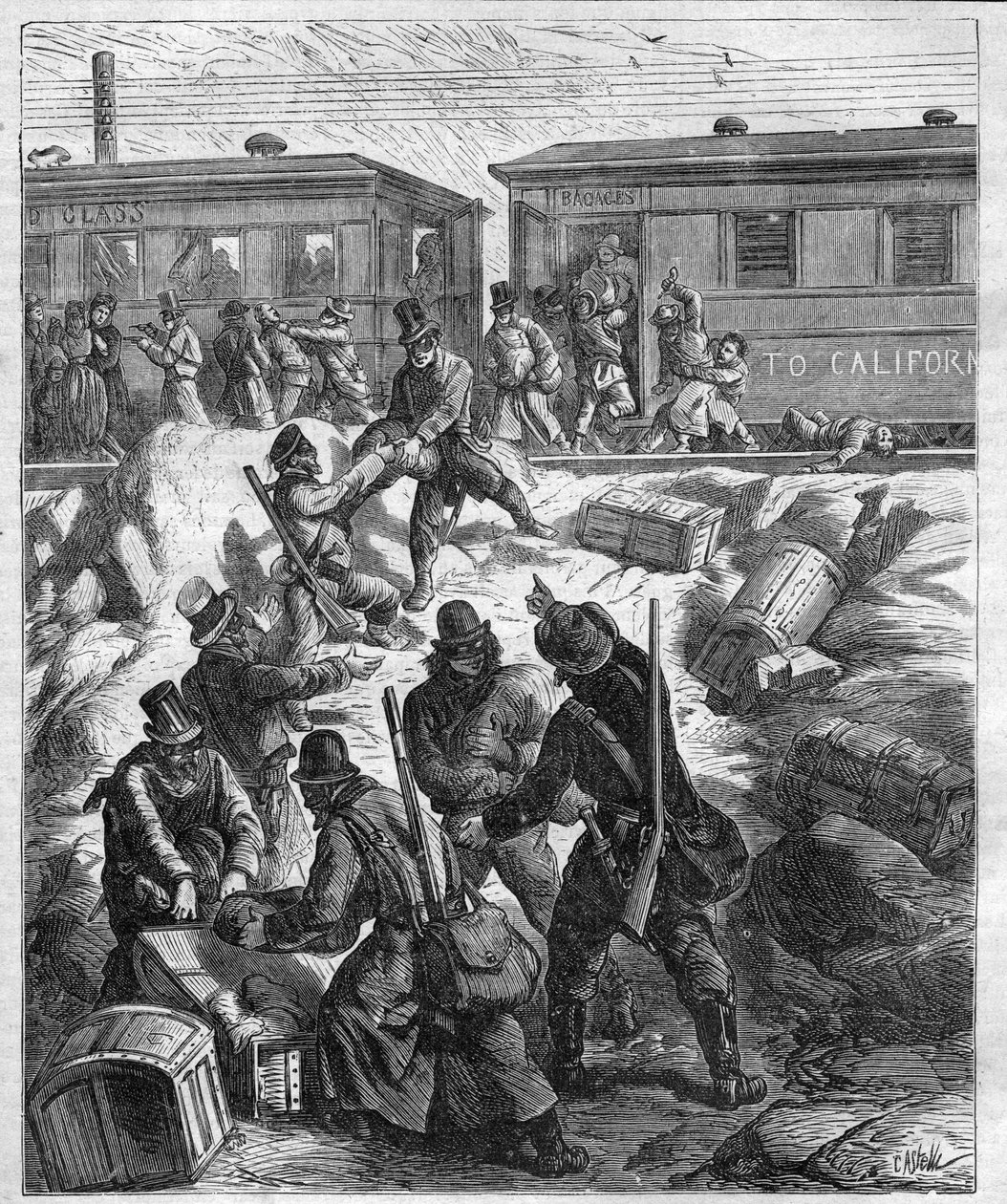 UZAK BATI TRENİNİN SALDIRISI - Pasifik Demiryolu - haydutların maskesinin saldırısına uğrayan tren - 1887 gravürü by Unknown artist