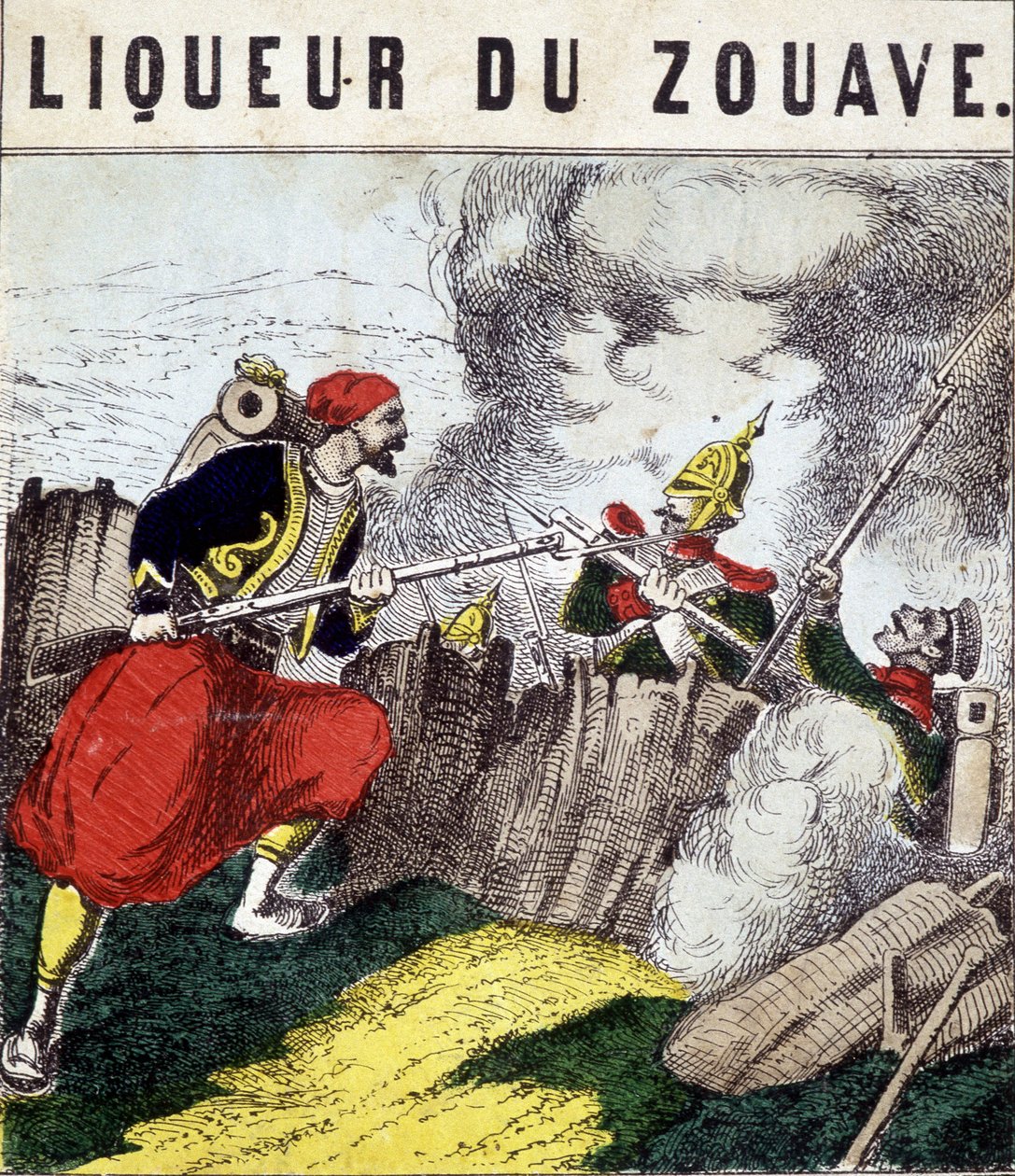 Etiket "" Liqueur du Zouave"": düşmanlara karşı savaşan bir Zouave. SD. 19. yüzyıl by Unknown artist