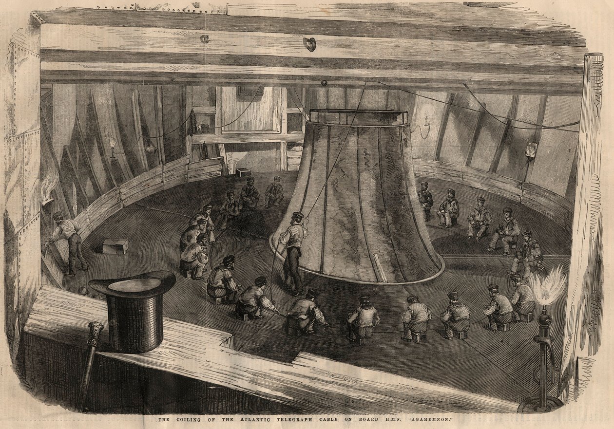 Telgraf: gemide transatlantik kablonun sarılması H.M.S. “”Agamemnon”””. 1 Ağustos tarihli “Resimli Londra Haberleri”nde gravür by Unknown artist