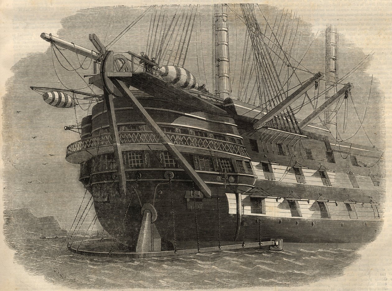 Telgraf: H.M.S. gemisinin kıç tarafının görünümü İlk transatlantik kabloyu döşeyecek olan “Agamemnon”. 5 Haziran tarihli “” The Illustrated London News” “de Gravür by Unknown artist