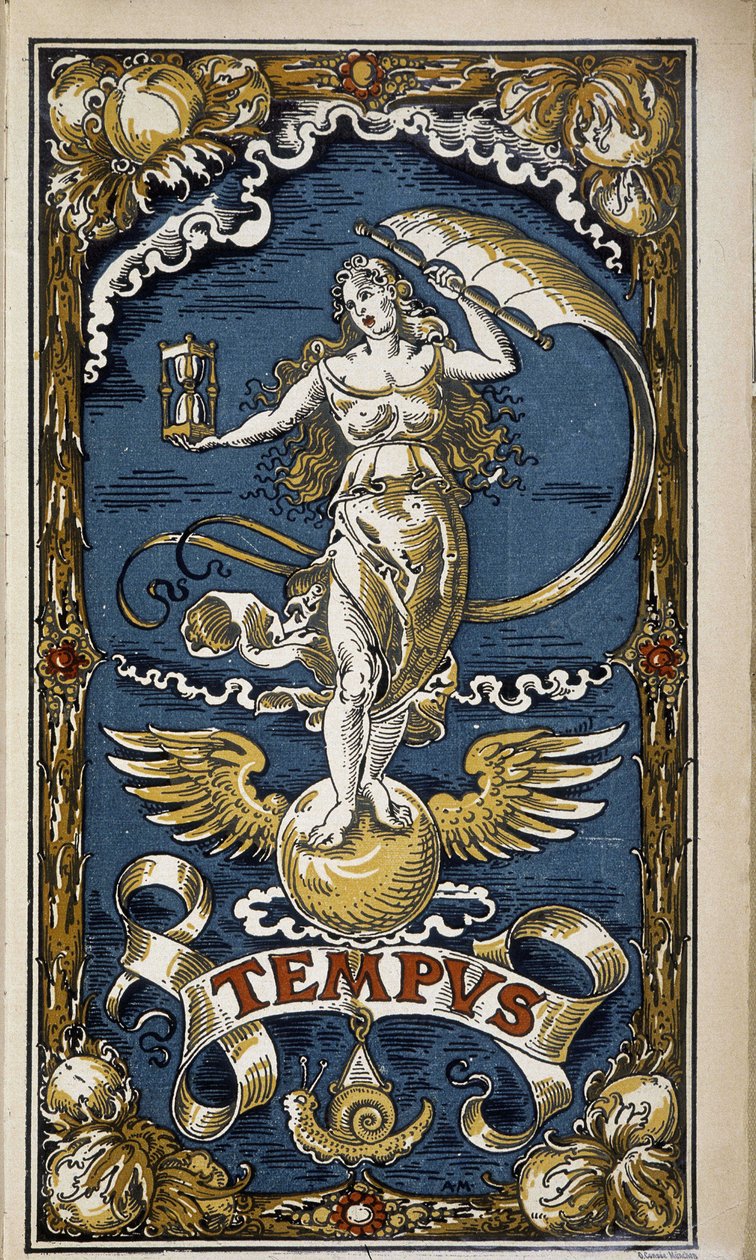 Tempus: zamanın alegorisi (kum saati, rüzgar, kanatlı kadın figürü), 1889 takvimi için illüstrasyon. by Unknown artist