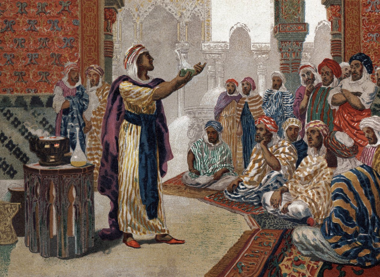 Arap simyacı Geber (Jâbir ibn Hayyan) (v721-v815), kimyayı geliştiriyor. Barselona 1881 by Unknown artist
