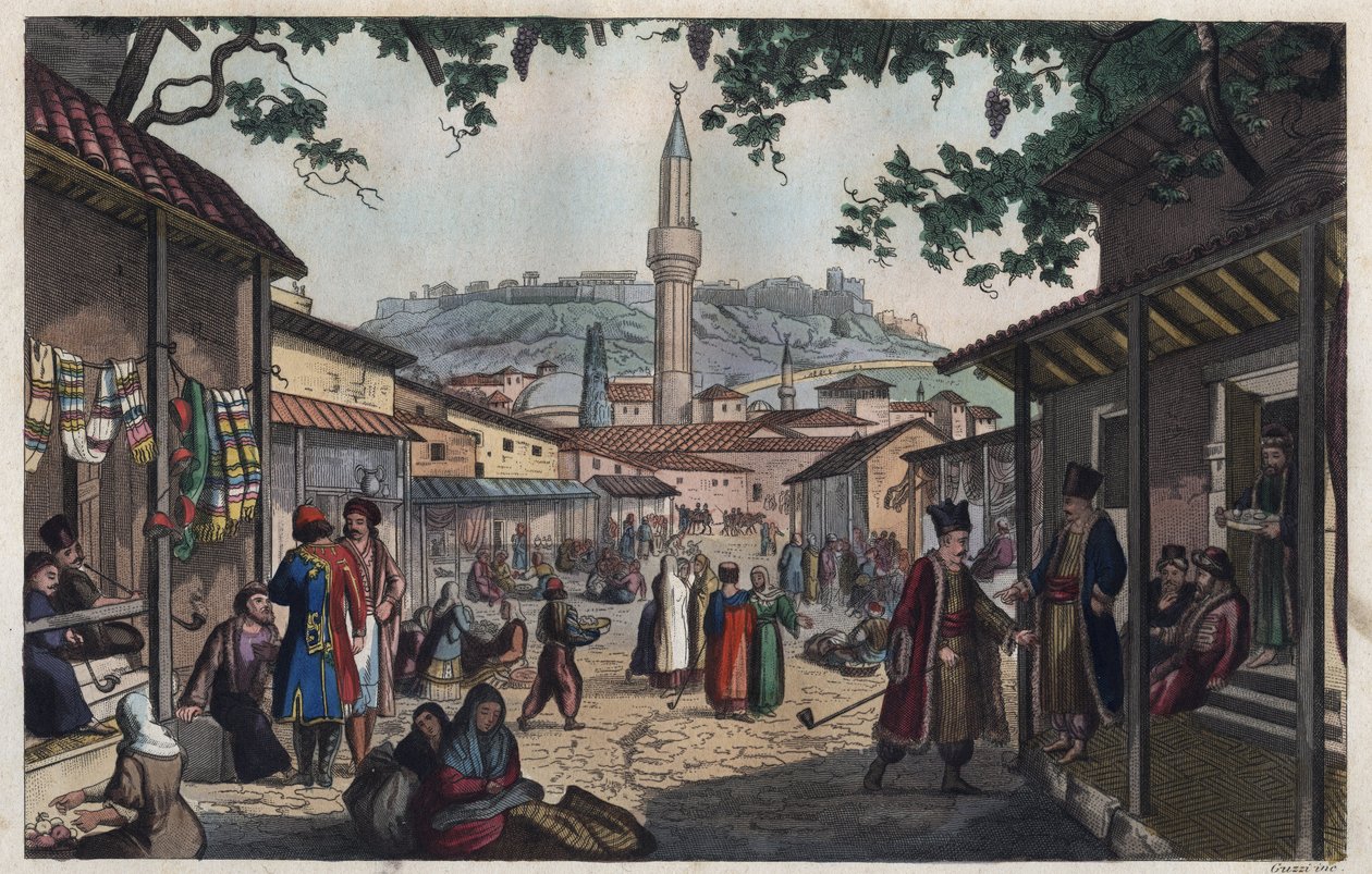19. yüzyılın başlarında Atina çarşı pazarı - Le Marche bazar d