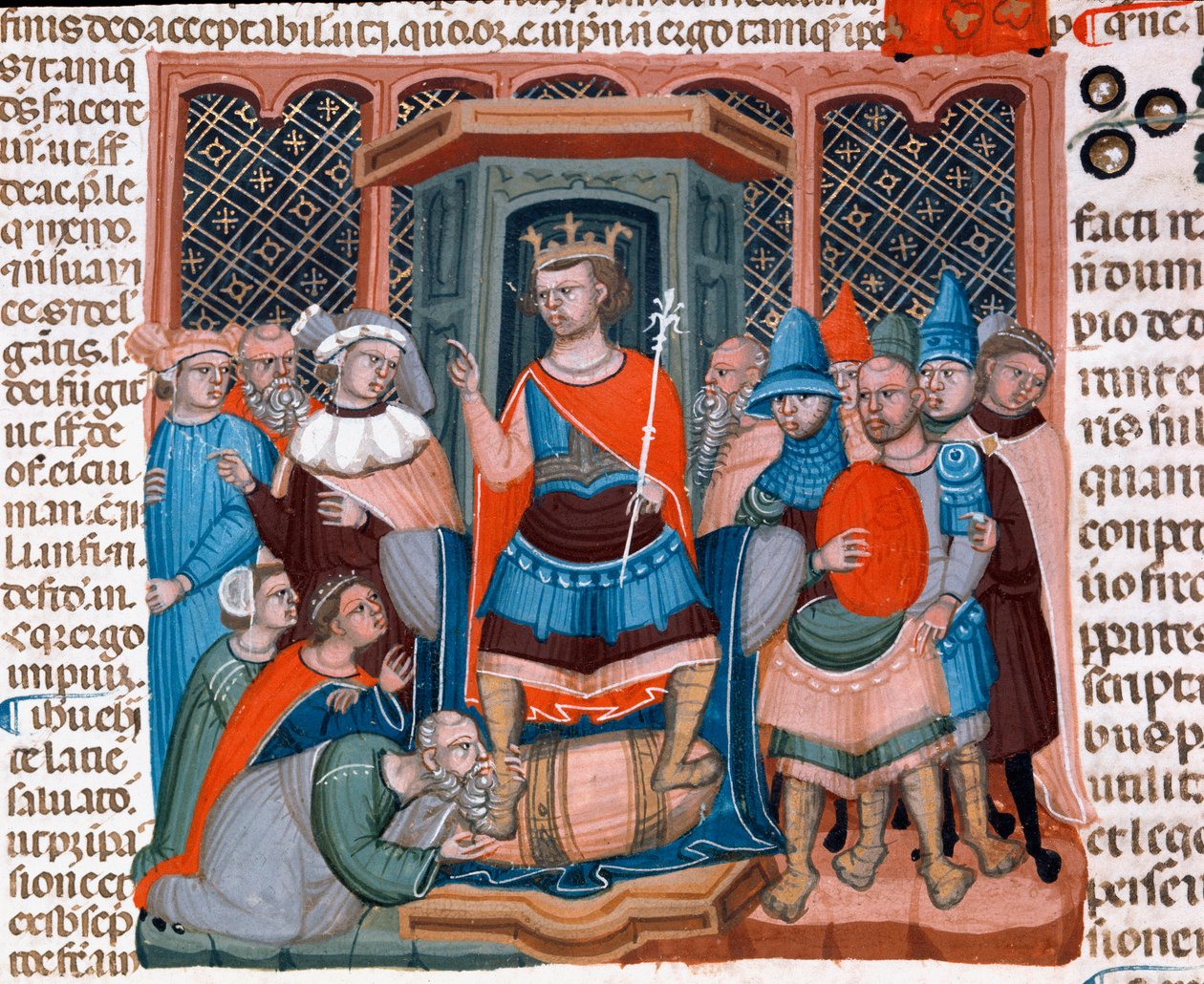 Bizans İmparatoru I. Justinian (482-565), Bizans İmparatoru I. Justinianus (483-565) altında yayınlanan bir yasa ve kurumlar koleksiyonu olan Justinian Kodundan (Codex Justinianus) alınan Minyatür mahkemesinin hukukçularını ve askerlerini çevreler. by Unknown artist