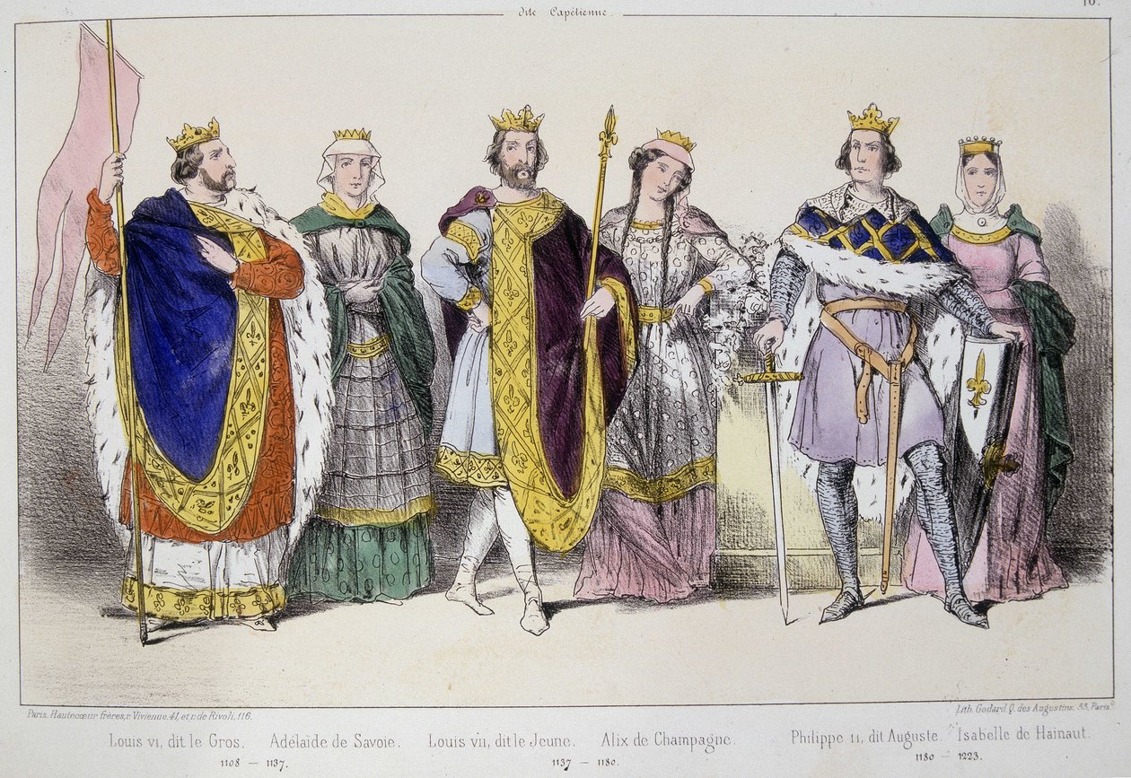 Capetianlar. Soldan sağa: Louis VI, Gros (1081 - 1137), Adelaide veya Savoy Alix (? -1154) diyor, Louis VII genç (1120 - 1180), Alix of Champagne (1140-1206), Philip II diyor Augustus (1165-1223) ve Hainaut