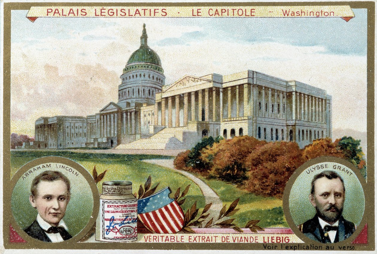 Capitol, Amerikan Kongre Sarayı, Washington (ABD), Abraham Lincoln (1809-1865) ve Ulysses Grant (1822-1885) portreleriyle - Liebig kromolitografisi by Unknown artist