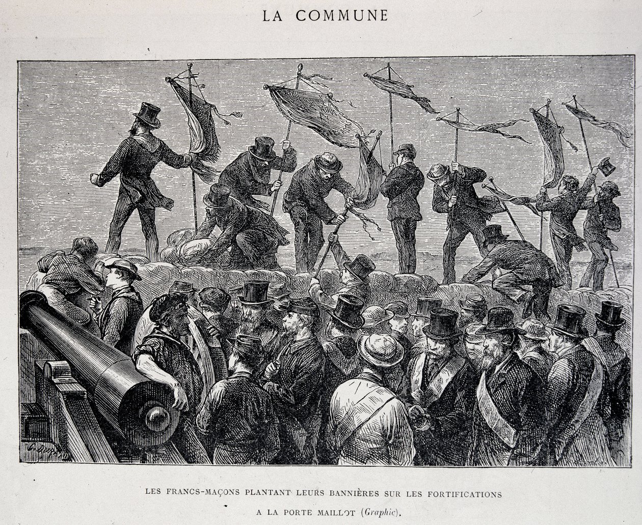 Komün: Porte Maillot'ta (1871) surlara pankartlarını diken masonlar - gravür by Unknown artist