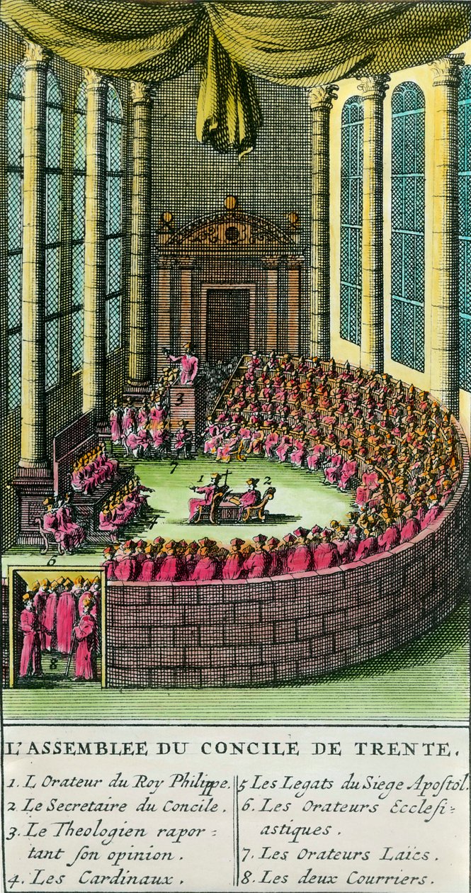 Trent Konseyi. Mecliste hazır bulunan üyelerin açıklamasını içeren bir çizim. Trent Konseyi, 1545