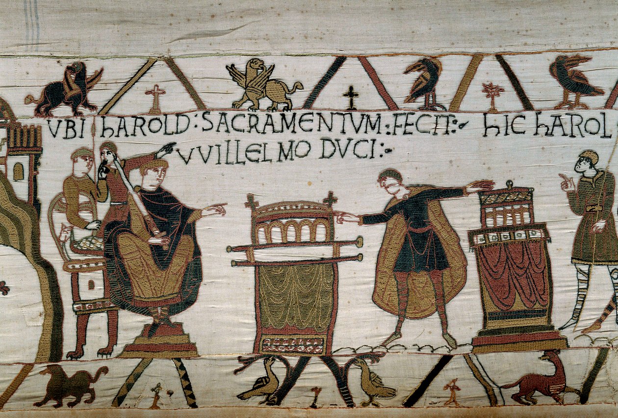 Normandiya Dükü Guillaume the Conquerant (1027-1087), iki kutsal emanet üzerine sadakat yemini eden bir şövalye Harold yaptı Bayeux Gobleninin veya Kraliçe Mathilde Nakışının Detayı by Unknown artist