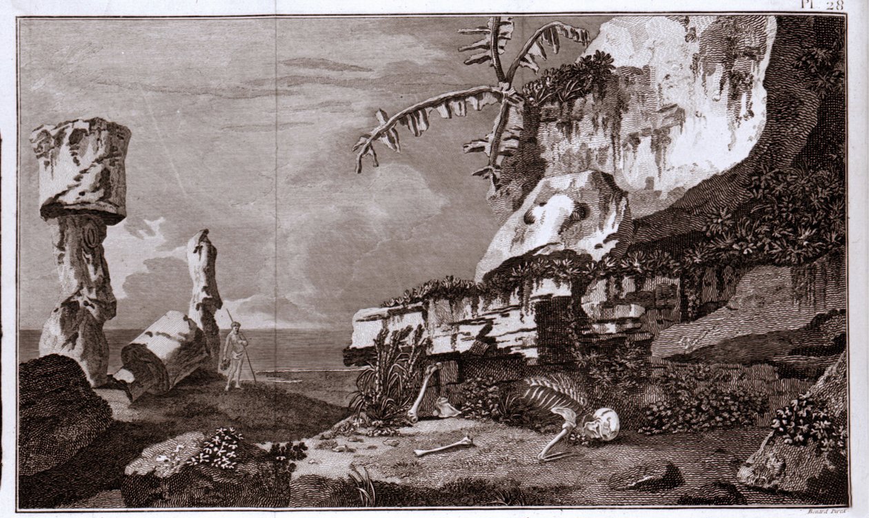 19. yüzyılın gravürü “Viaggi del Capitano Cook” dan sonra Polinezya'daki Paskalya Adası (Rapa Nui). by Unknown artist