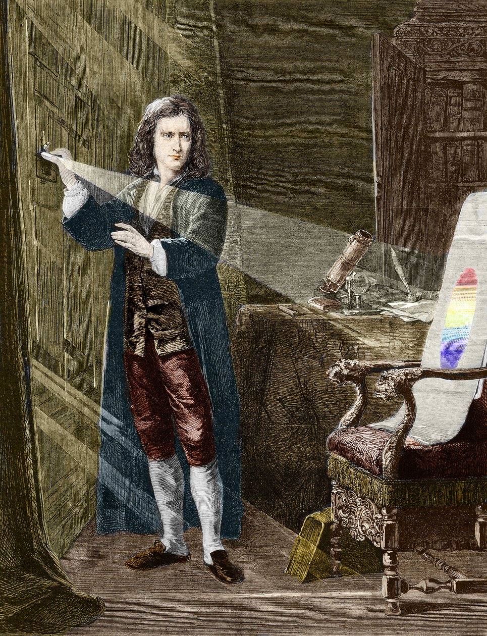 İngiliz fizikçi Isaac Newton (1642-1727), ışığı bir cam prizma ile ayrıştırıyor. 1880