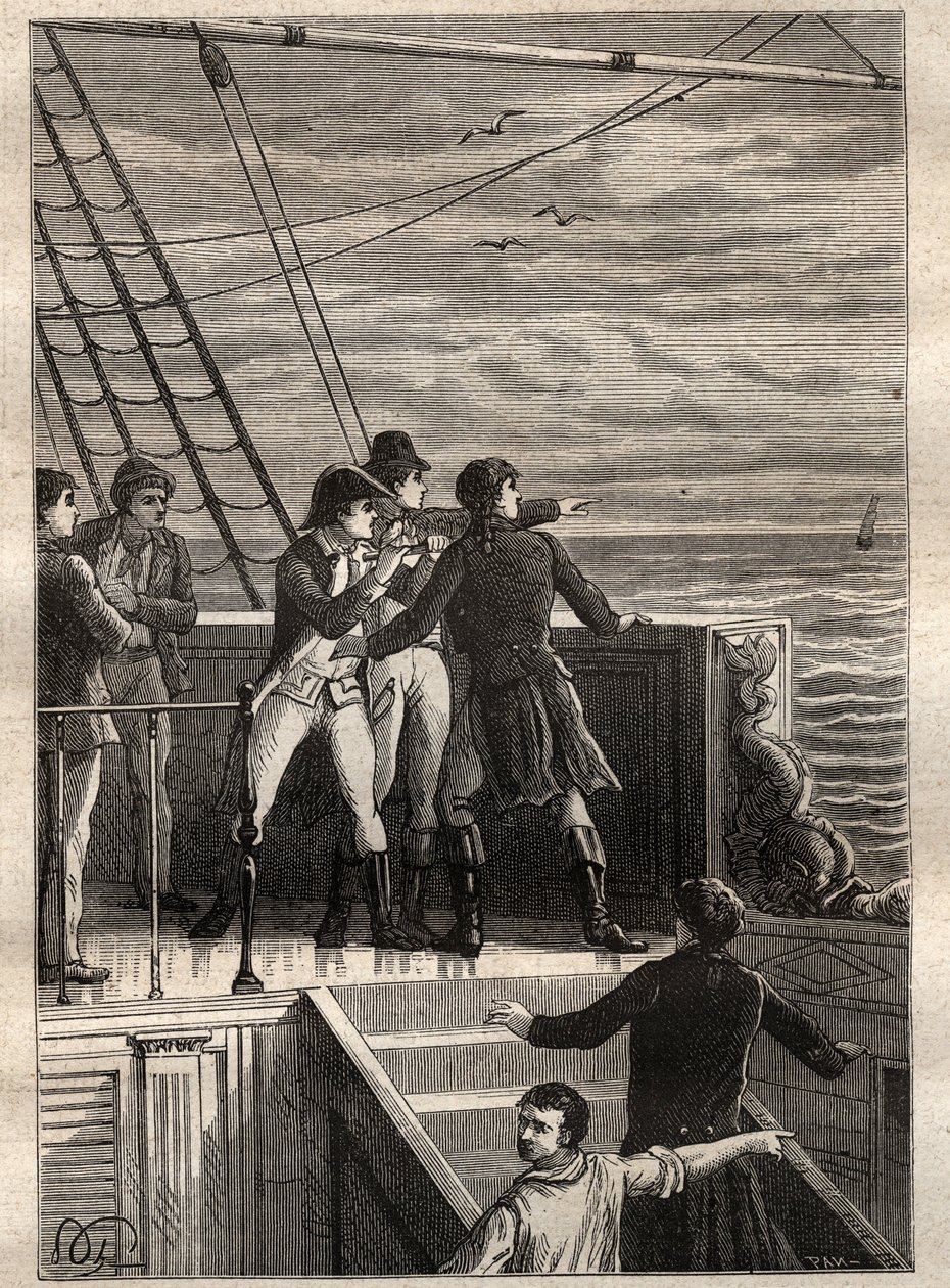 Güney Topraklarına Sefer (1800-1803) tarafından Nicolas Baudin (1754-1803): New Holland (Avustralya) açıklarındaki denizciler ufukta bir peçe olduğunu bildiriyor - "18. Yüzyılın Büyük Denizcileri"nden alınan çizim by Unknown artist