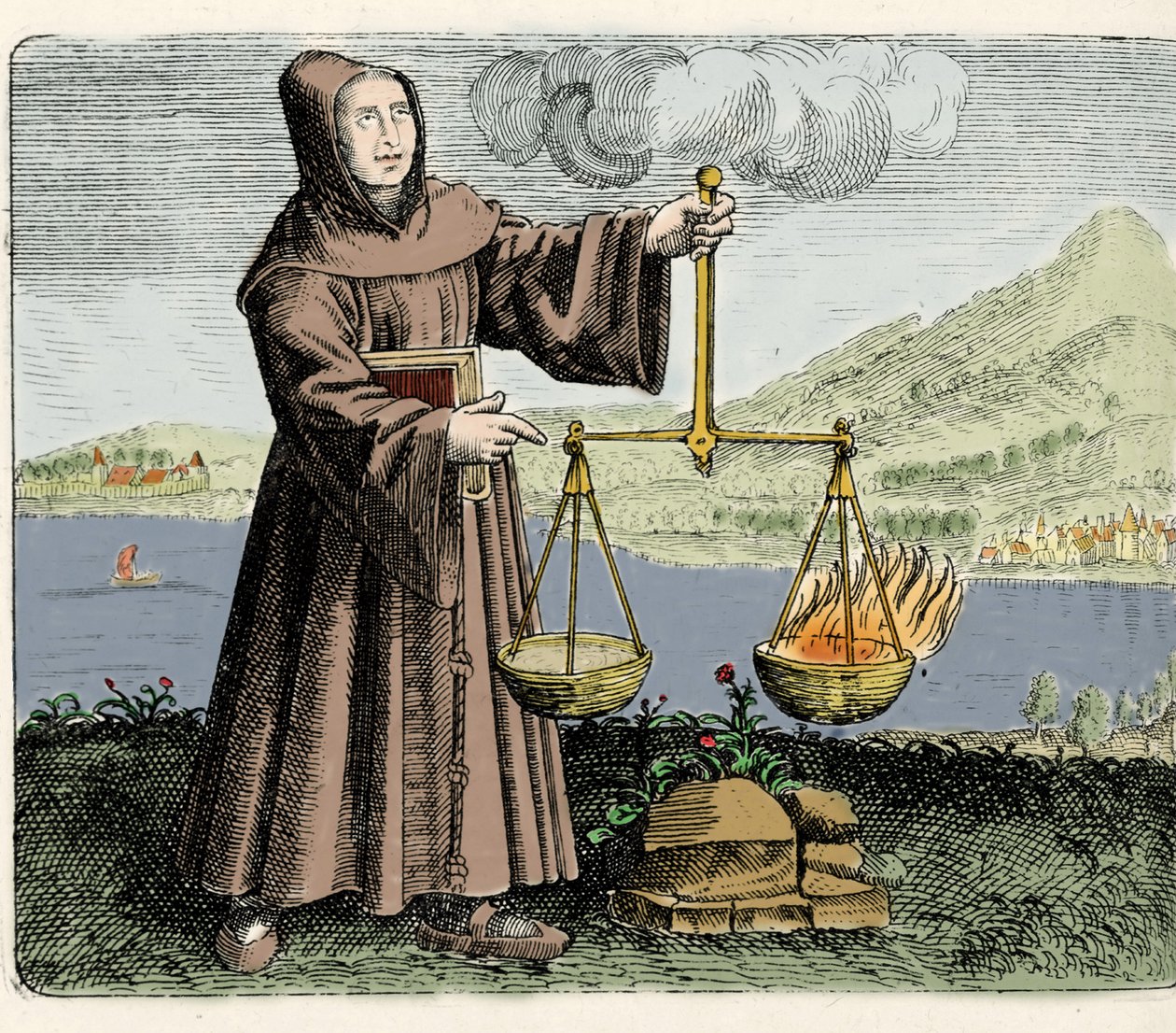Fransisken keşiş, filozof ve simyacı Roger Bacon (Bacon) (Doktor Mirabilis) (1214-1294) bir deneyim yaşıyor. Michael Mayer 1617