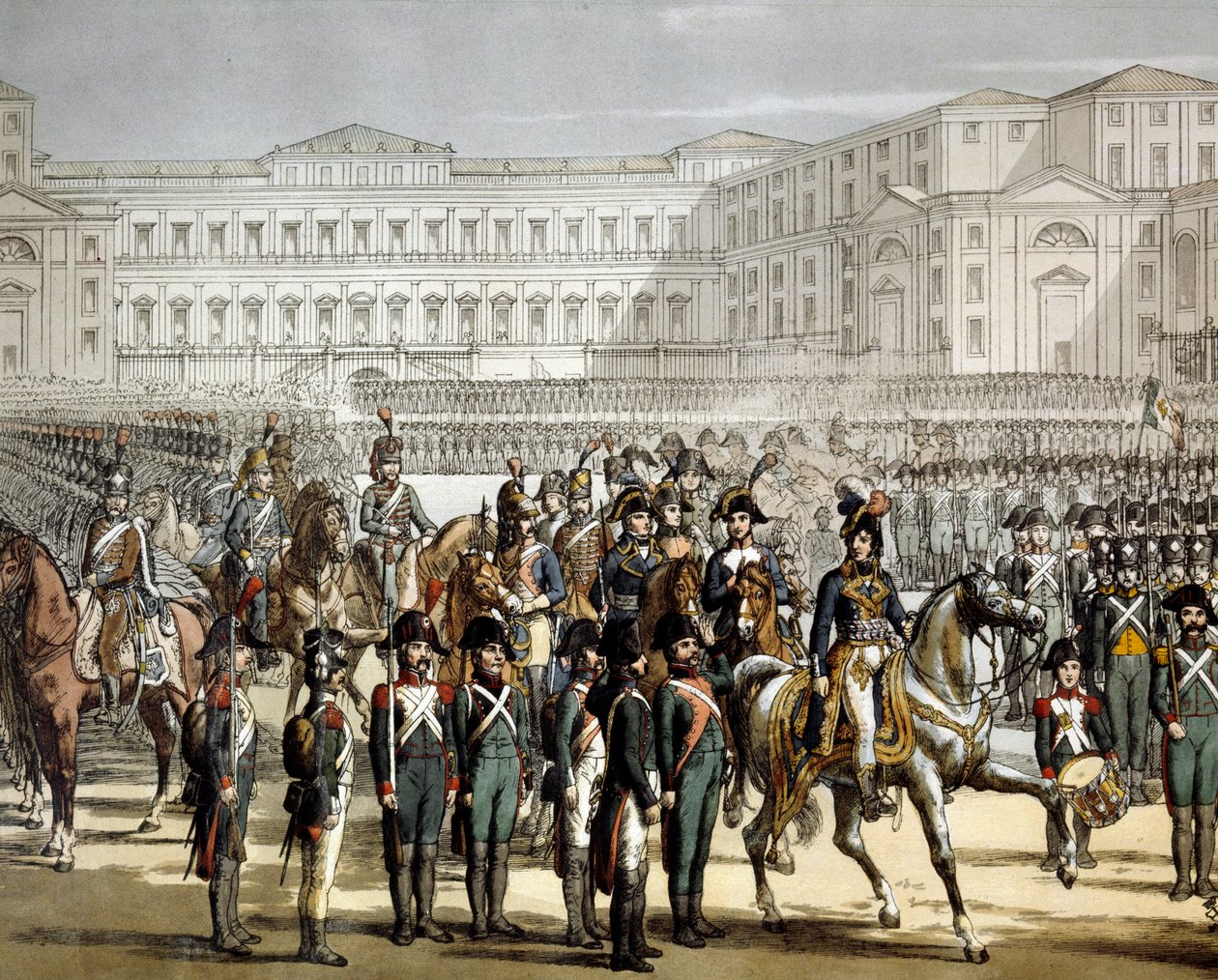 Fransız Generali ve Napoli Kralı Gioacchino (Joachim) Murat (1767-1815), 07/08/1801 tarihinde Villa Reale de Monza önünde Cisalpine milislerini gözden geçiriyor. Gravür Museo del Risorgimento, Milano by Unknown artist