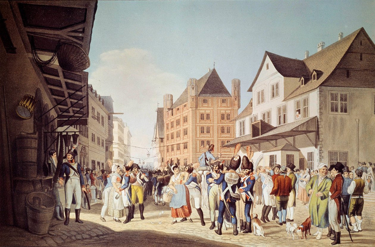 24. Piyade Alayı'nın Fransız birlikleri, Frankfurt'u tarihi müze olan 1808 Frankfurt'un General Augereau Gravür'ü ile terk ediyor by Unknown artist