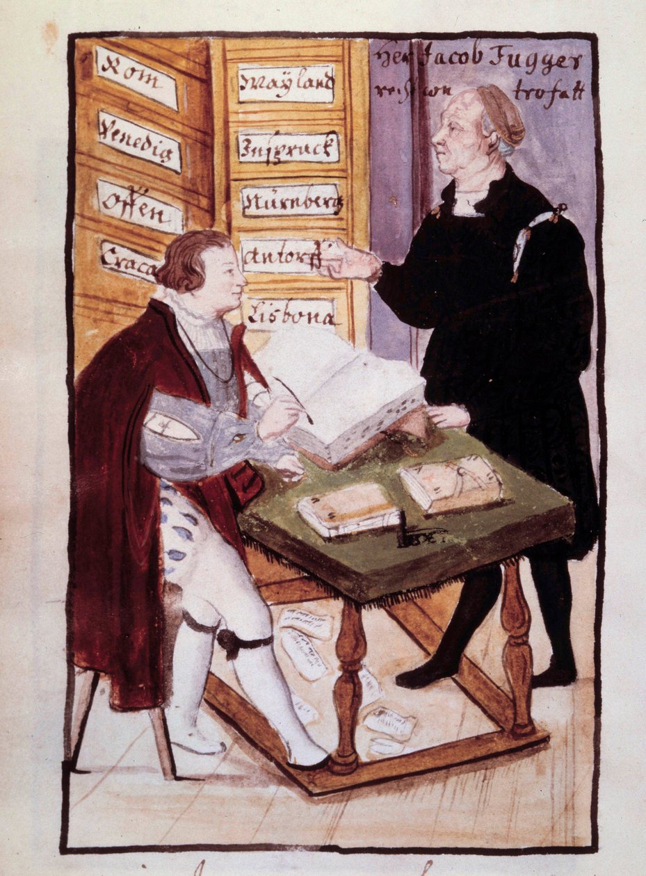 Alman bankacı Jacob Fugger (1459-1525), Alman muhasebecisi Matthaus Schwarz (1497-yaklaşık 1574) ile ofisinde (Goldene Schreibstube) 16. yüzyılın suluboya. BN, Paris by Unknown artist