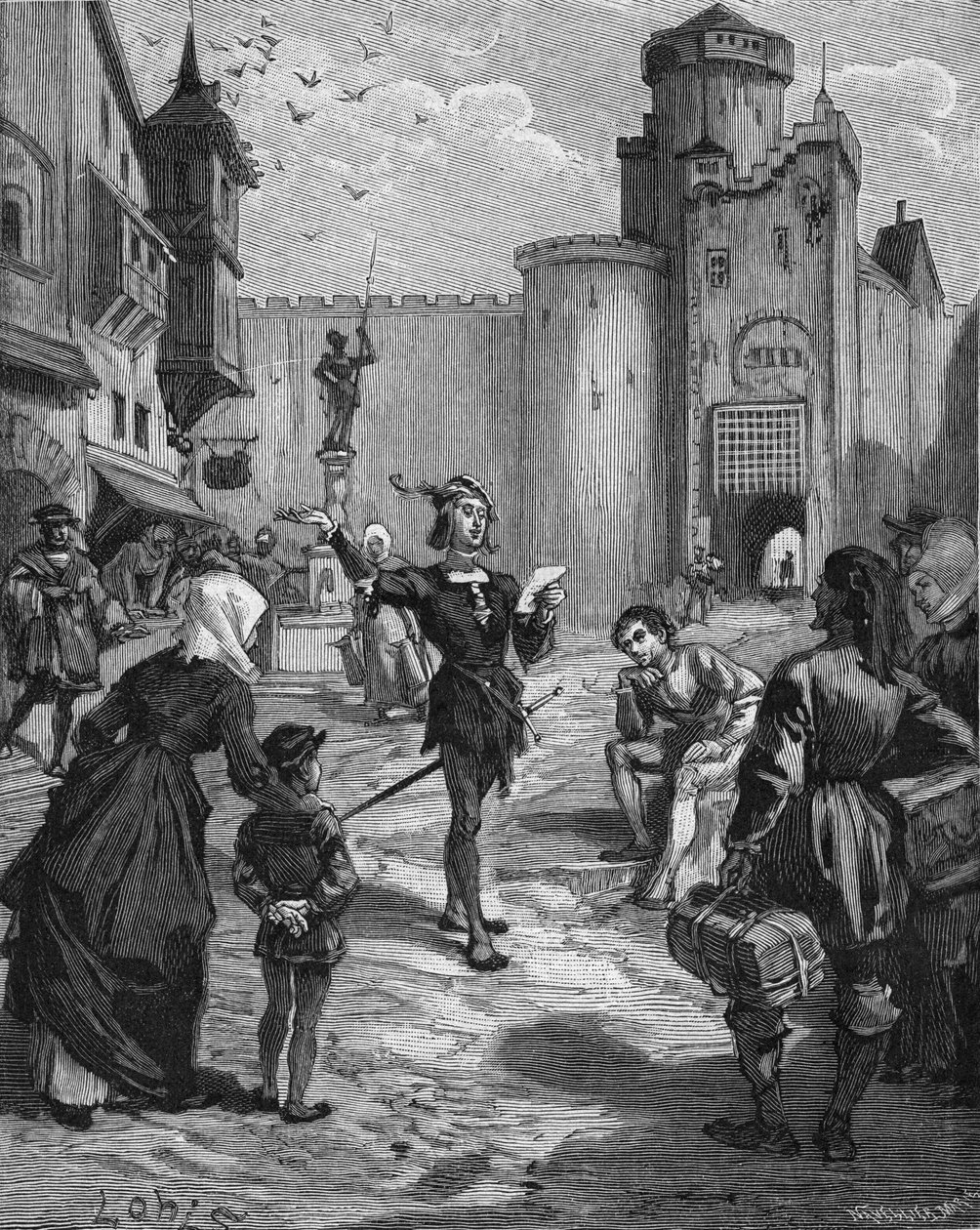 Alman şövalye, şair ve hümanist Ulrich von Hutten (1488-1523) bir şiirini sokakta haykırıyor. 19. yüzyılın gravürü. Jules Michelet
