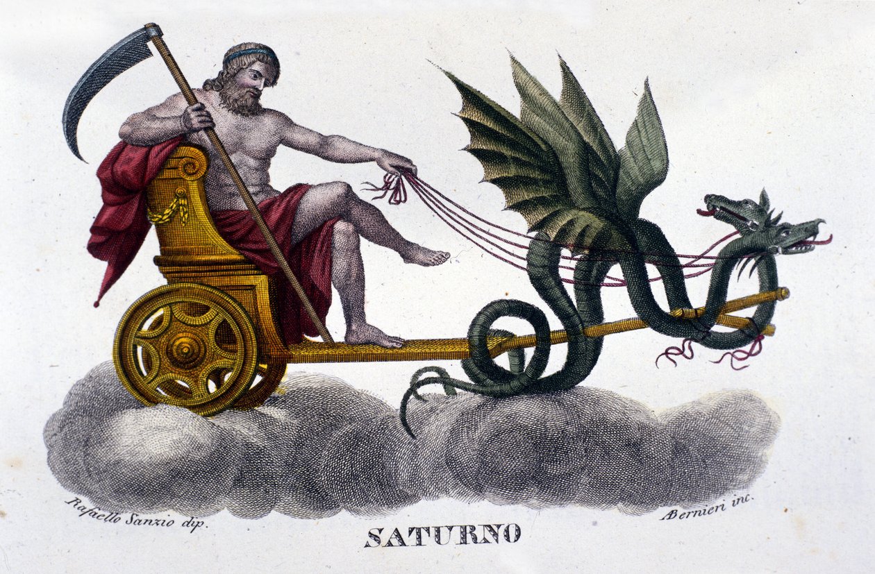 İki ejderha tarafından ateşlenen bir tankta Tanrı Satürn (veya Cronos). Raffaello Sanzio
