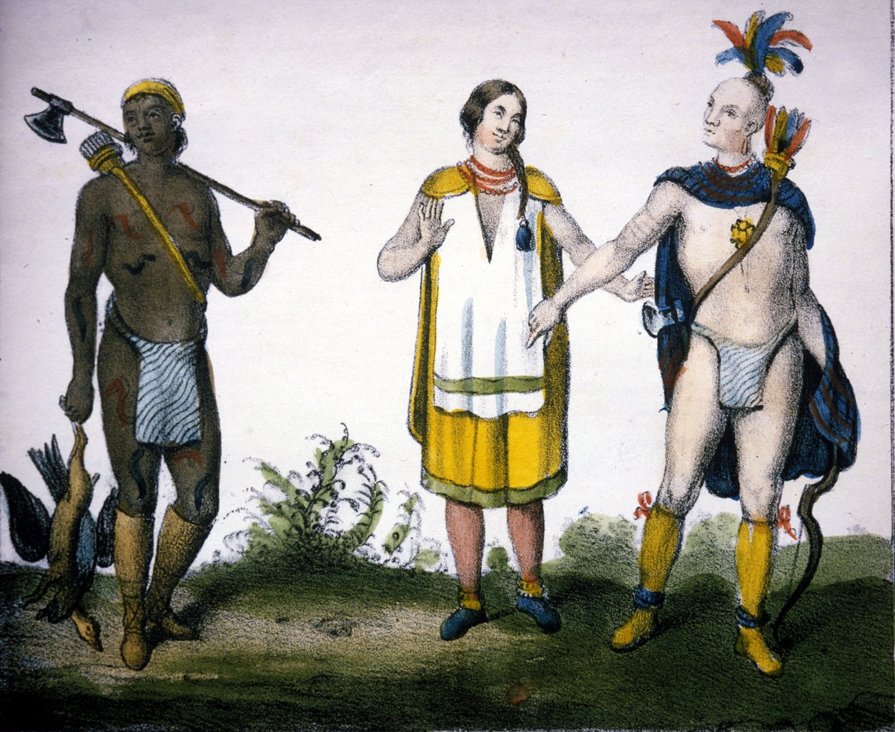 Kanada Kızılderilileri: bir avcı (Acadian), bir kadın ve bir savaşçı. “Dünyanın Tüm Halklarının Evrensel Galerisi”nin litografisi, Milano by Unknown artist