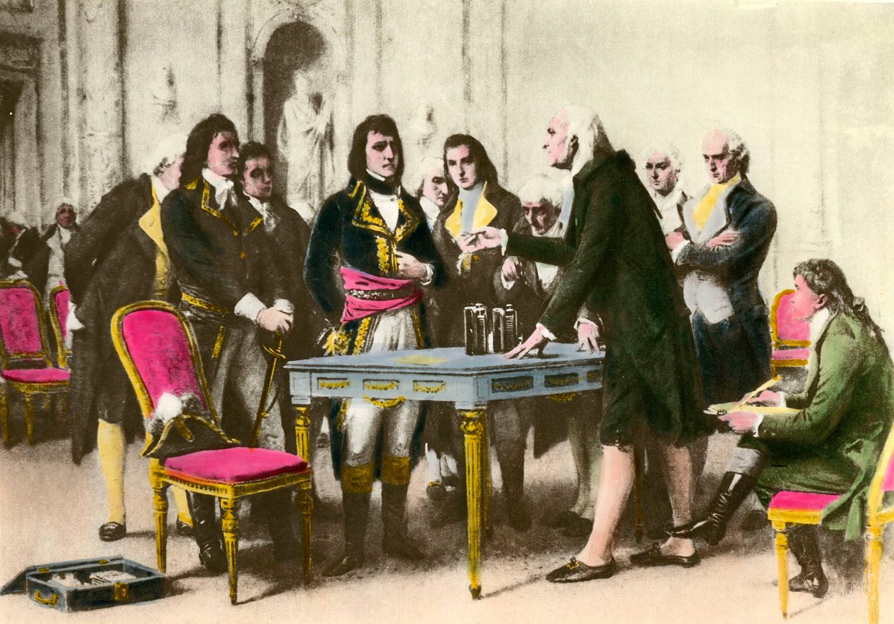 İtalyan fizikçi Alessandro (Alexandre) Volta (1745-1827) yığınını Napolyon Bonapart