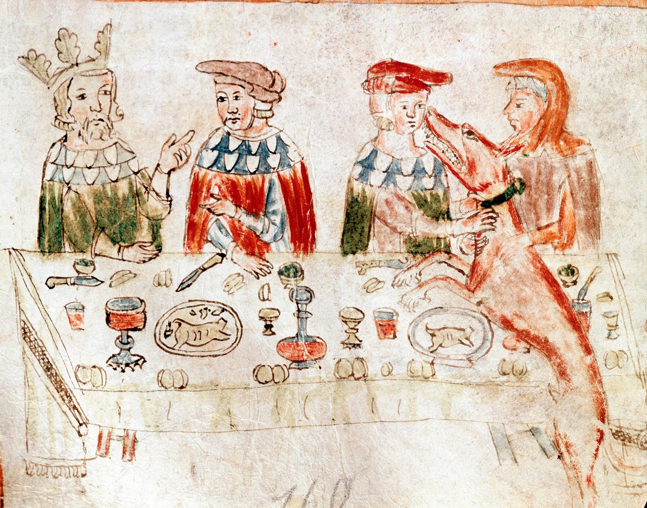 Frank Kralı III. Pepin Özet (714-768) ve oğlu Charlemagne, 12. yüzyıldan kalma bir el yazmasından bir Minyatür ziyafetinde. Venedik. Biblioteca nazionale marciana. by Unknown artist