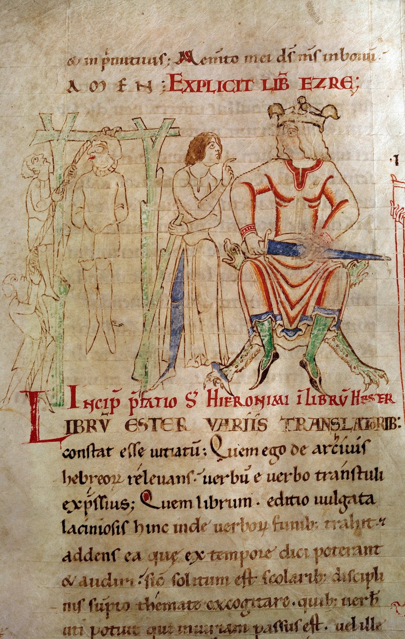 Kralın Adaleti 1098 ve 1109 Arası Bir tahtta oturan ve bir kılıç tutan bir kral, asılı bir sahnenin yanında çelenk. Bir el yazmasından alınan sayfa “” Saint Jerome