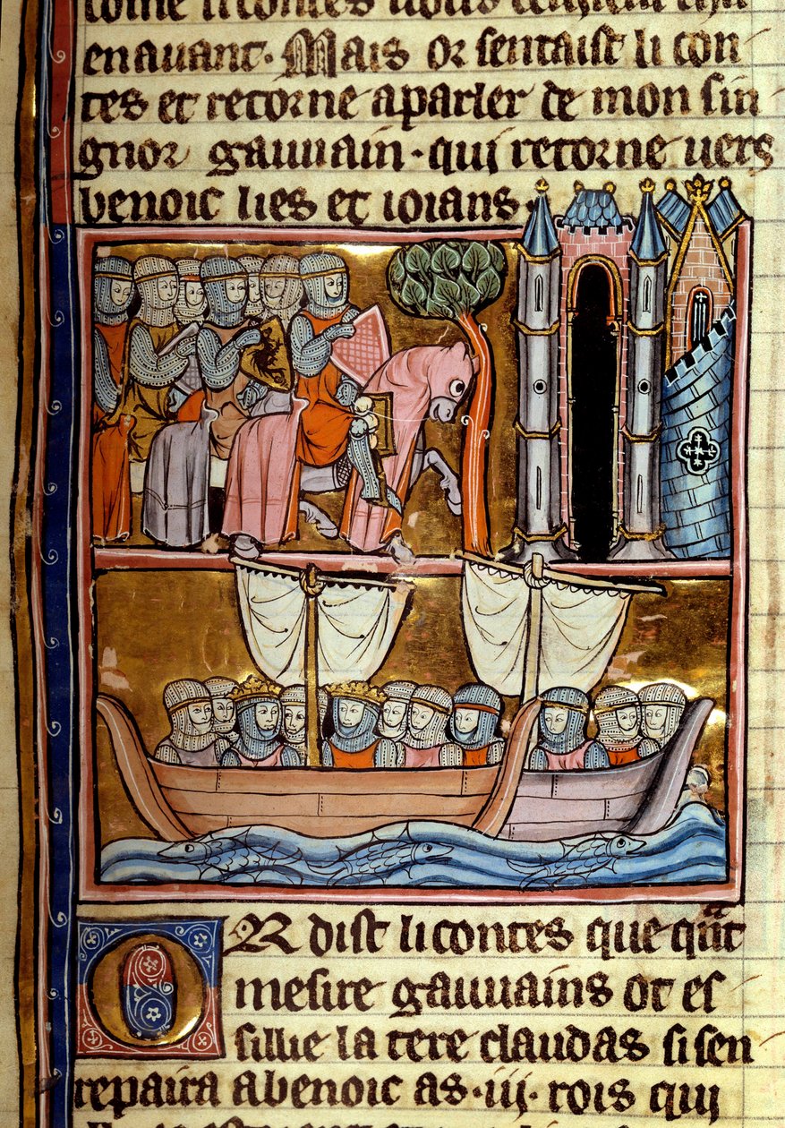 Şövalyeler Haçlı Seferi için ayrıldı. Robert De Borron (ou Boron) (1147-1170) tarafından “La quete du Holy Grail et la mort du roi Arthur”dan alınan minyatür 1280 civarında Paris, B.N. by Unknown artist