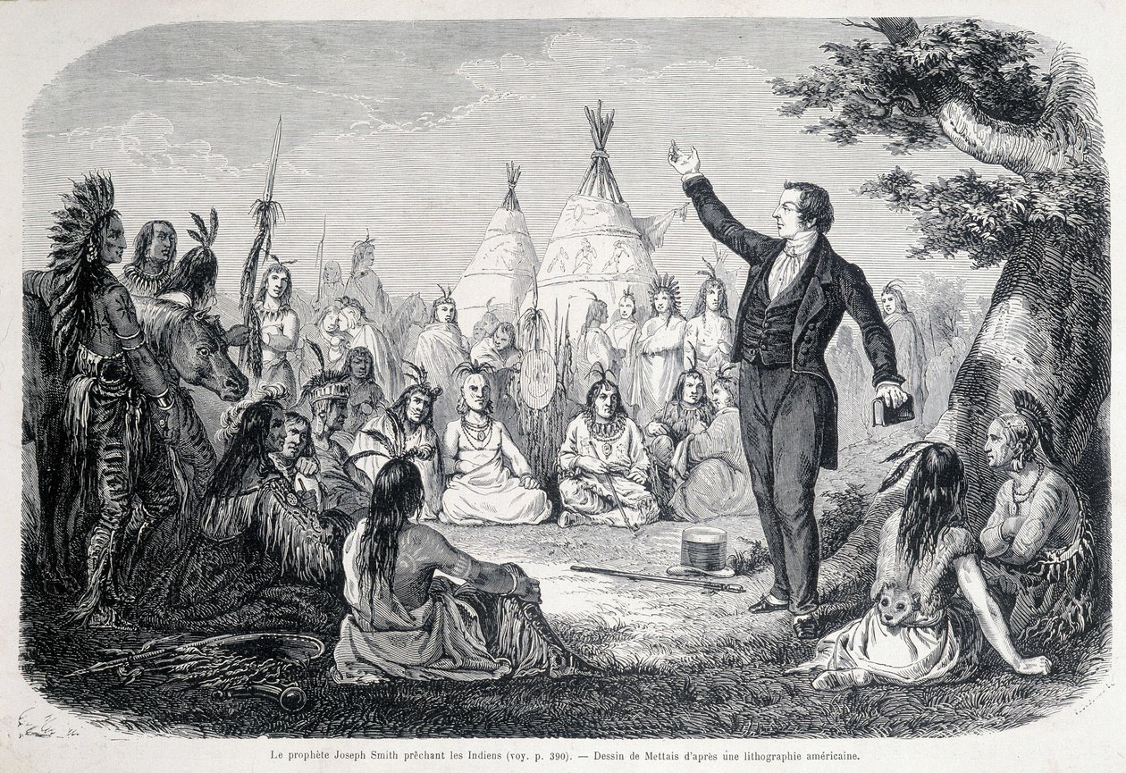 Mormon Peygamber Joseph Smith, Kızılderililere (Kuzey Amerika) vaaz veriyor. 19. yüzyıl illüstrasyonu. by Unknown artist