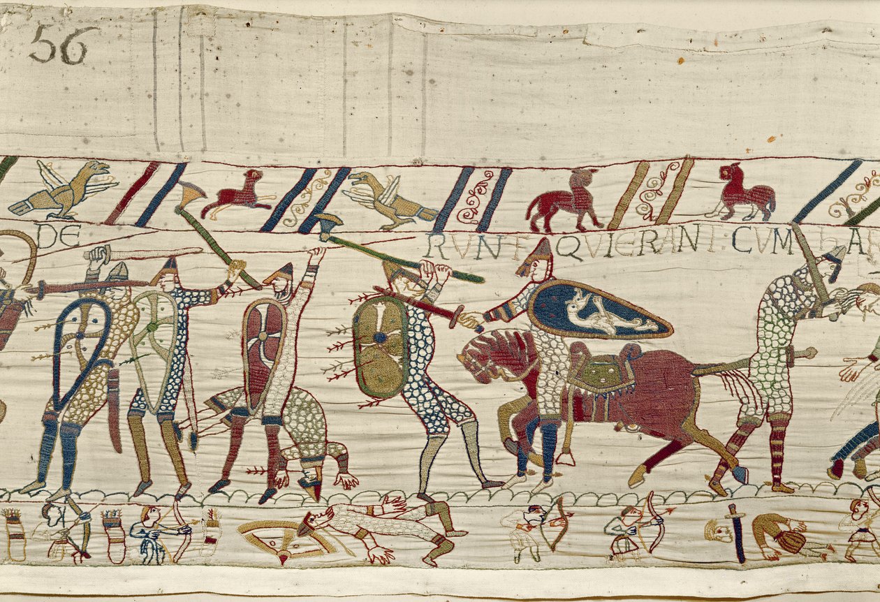 Normanlar, King Harold, Bayeux Goblen (keten üzerine yün işlemesi) ile birlikte olanlarla savaşır ve onları öldürür. by Unknown artist