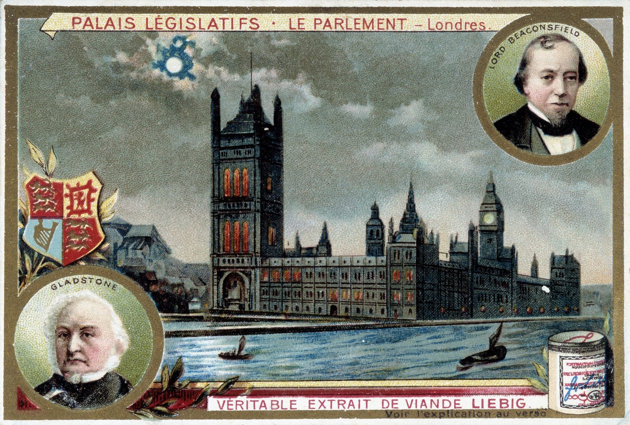 Westminster Sarayı veya Londra Parlamentosu (İngiltere), William Ewart Gladstone (1809-1898) ve Benjamin Disraeli, Lord Beaconsfield (1804-1881) portreleriyle - Liebig kromolitografisi by Unknown artist