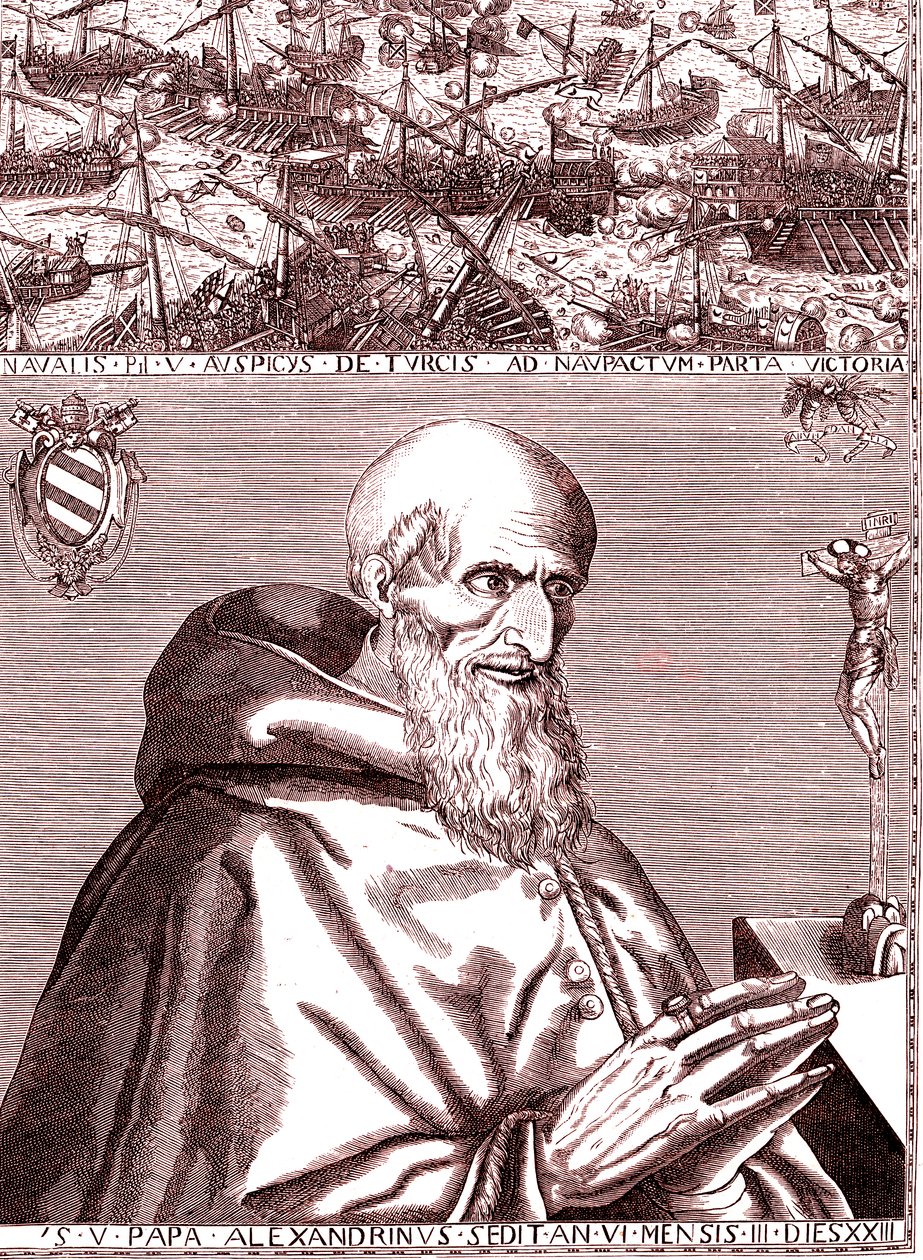 Papa Pius V, Ekim 1571'de İnebahtı savaşında Türklere karşı İspanyol filosu ve Venedik İtalyan filosuyla ittifak yaptı. by Unknown artist