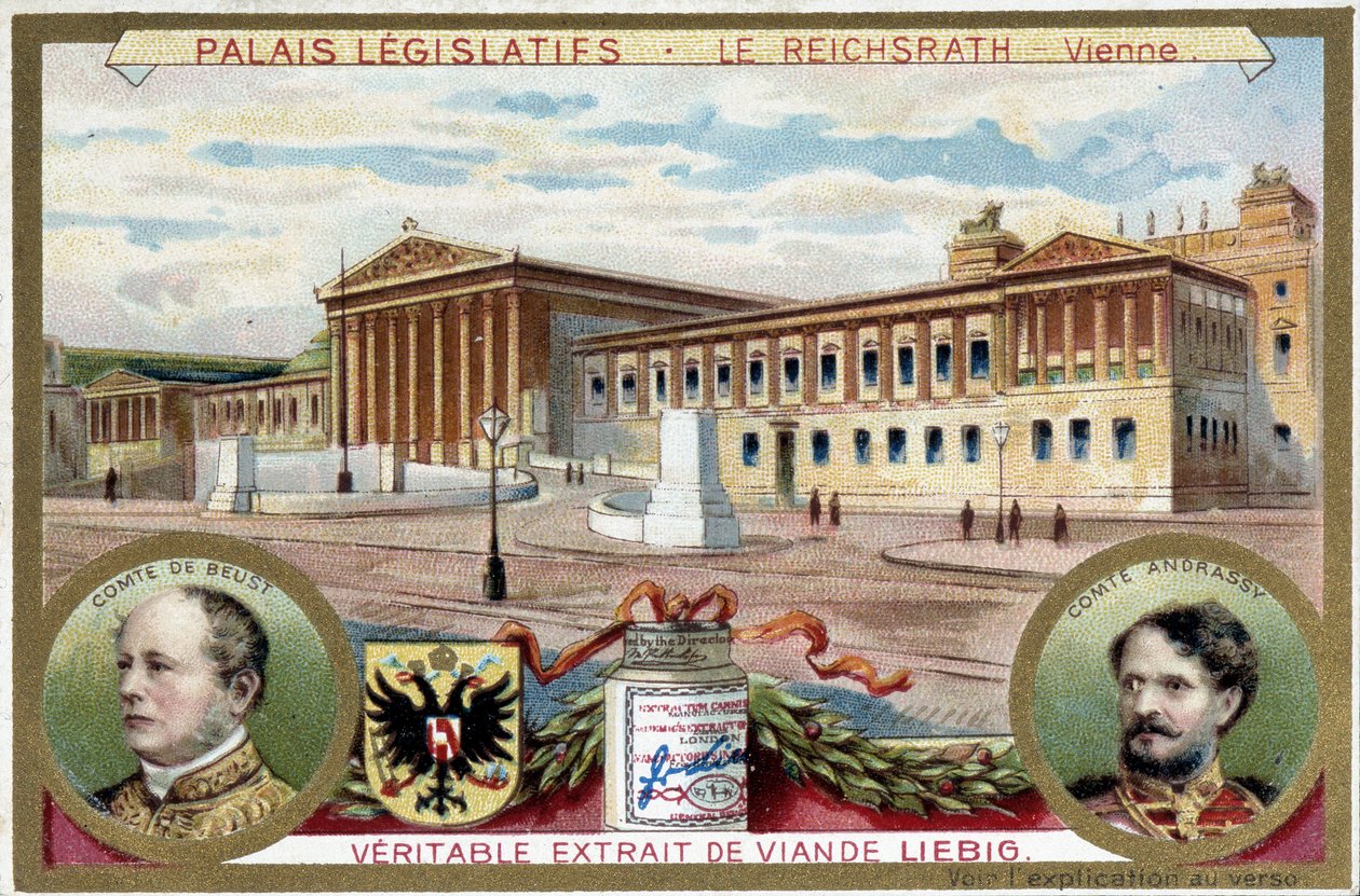 Reichsrath Sarayı, Viyana (Avusturya), Kont Friedrich Ferdinand de Beust (1809-1886) ve Kont Gyula Andrassy (1823-1890) portreleriyle - Liebig kromolitografisi by Unknown artist