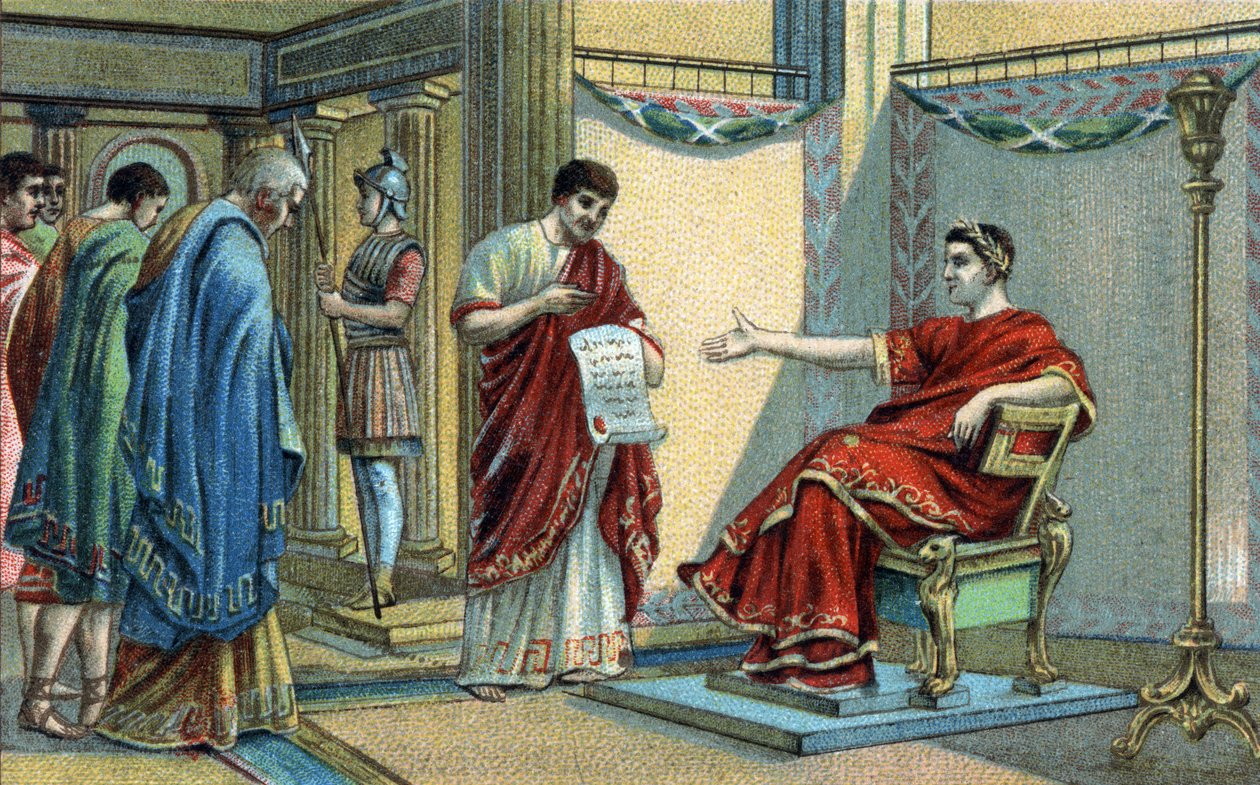 Roma İmparatoru Konstantin (272-337), inançların eşitliği ile ilgili ilk dini yasaları oluşturdu. 19. yüzyılın sonlarında kromolitografi. by Unknown artist