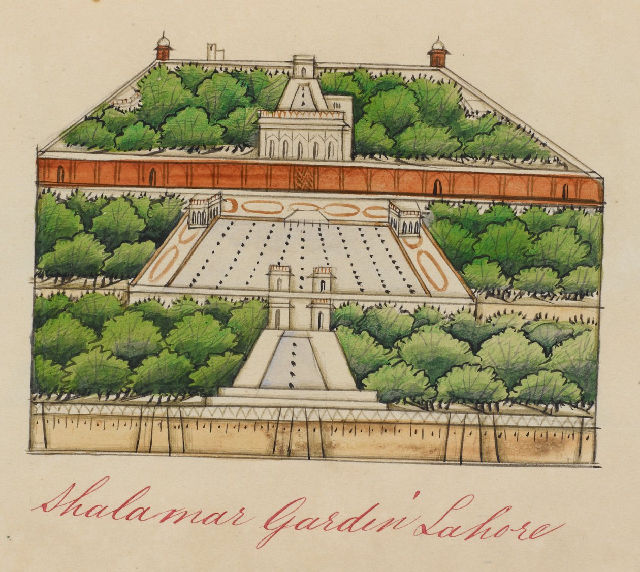 Shalimar Bahçeleri, Lahor'un 8 mil doğusunda. Yazılı: 'Shalamar Gardin Lahor'. by Unknown artist