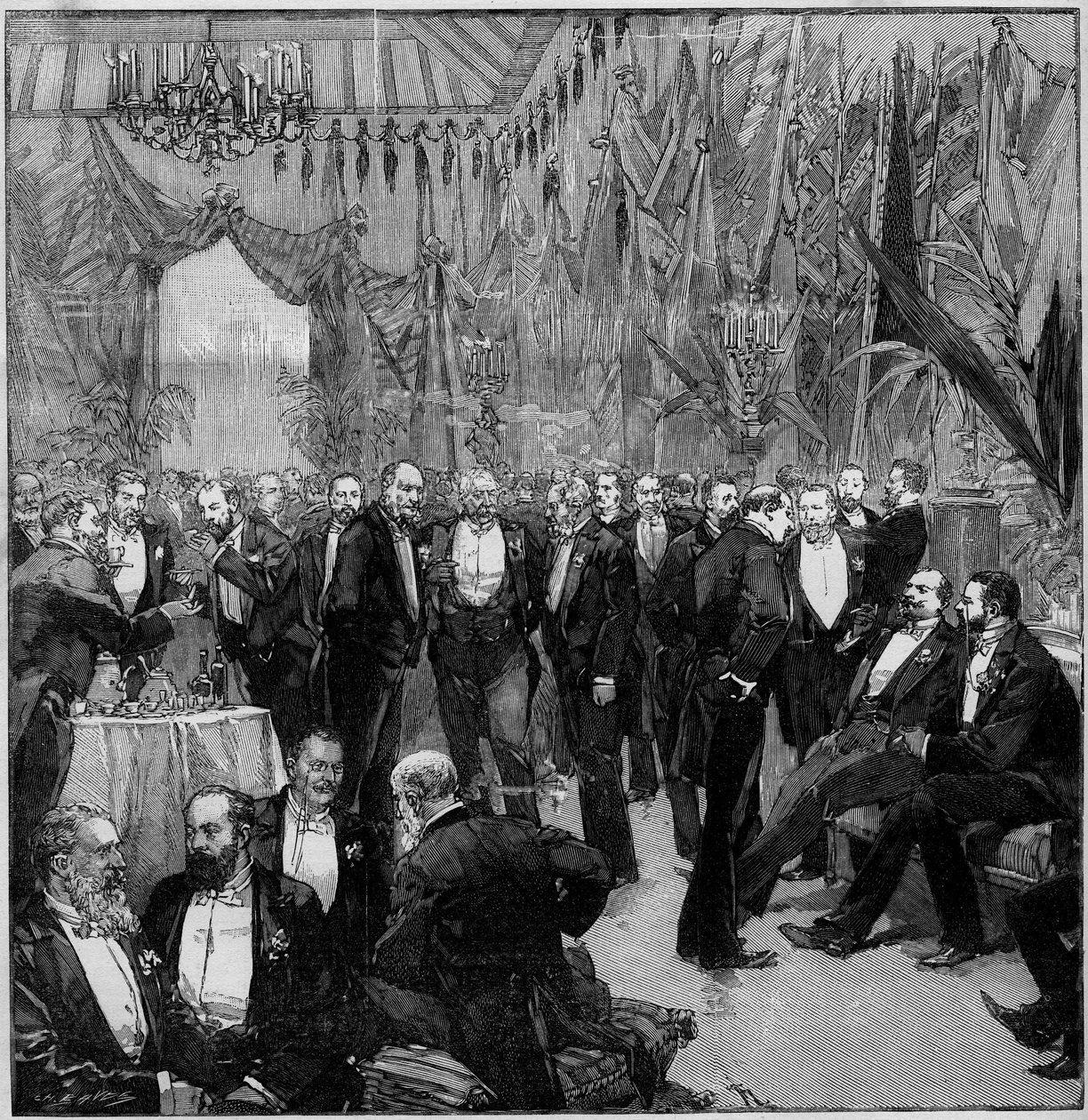 Süveyş ziyafeti dünyanın en önemli finansörlerini bir araya getirdi (Uluslararası Komisyon üyelerinin toplantısı). "" Şanlı Dünya" da gravür by Unknown artist