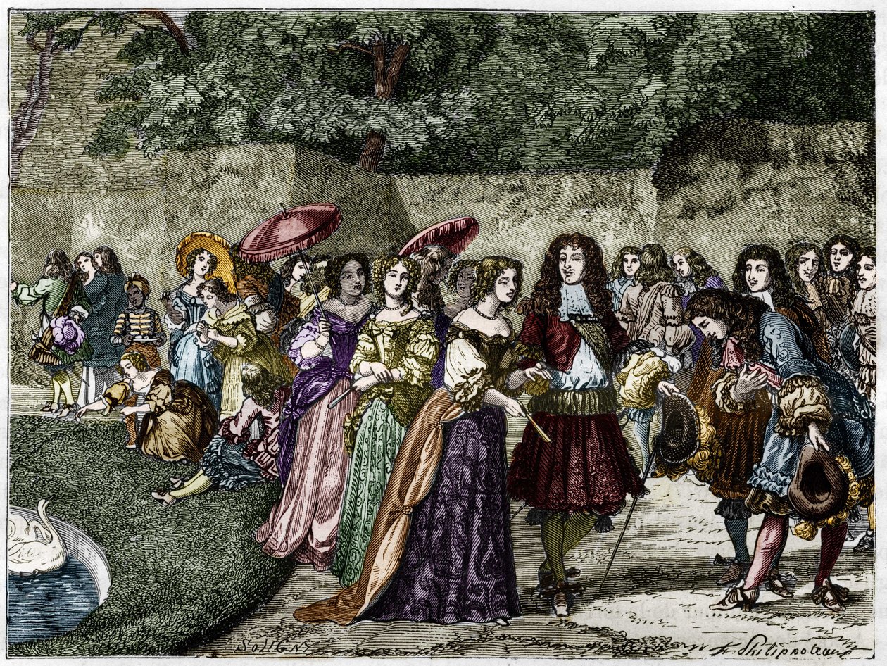 Güneş Kralı (Louis XIV, Versailles bahçelerinde avlusunu çevreler). 19. yüzyılın gravürü. by Unknown artist