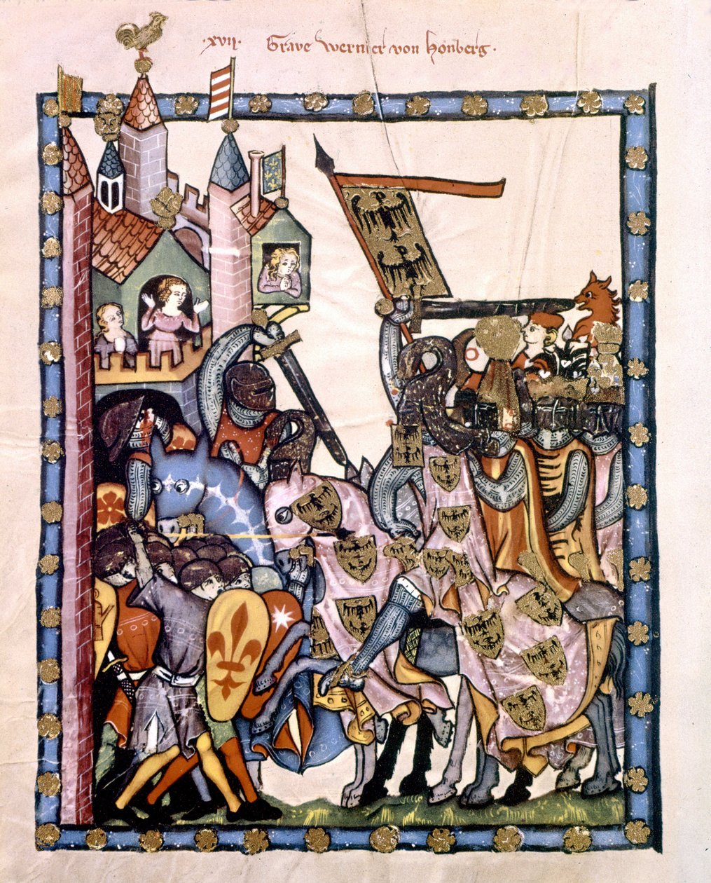 İsviçreli şair ve şövalye Graf Werner von Homberg (1284-1320), İmparator Henry VII'nin hizmetinde, Sicilya'nın Angevine birlikleri tarafından savunulan bir kaleyi kuşattı. Bir el yazması olan Codex “Manesse” veya “Manessesche Liederhandschrift”in m by Unknown artist