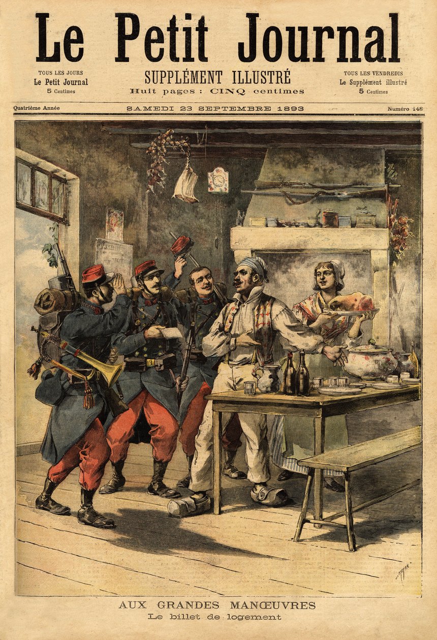 Ordunun, sivillerden barınma talebinde bulunmak amacıyla askerlerine sahada sağladığı konaklama bileti. “” Le petit Journal” da gravür 23/09/1893. Selva