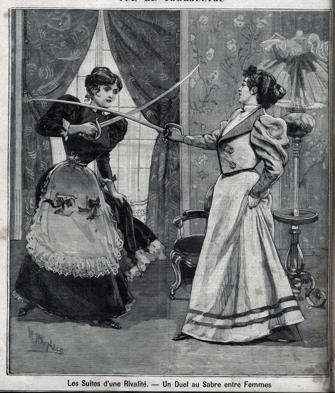 Bir rekabetin ardından: kadınlar arasında bir kılıç düellosu. “” Le Parisien” de gravür by Unknown artist