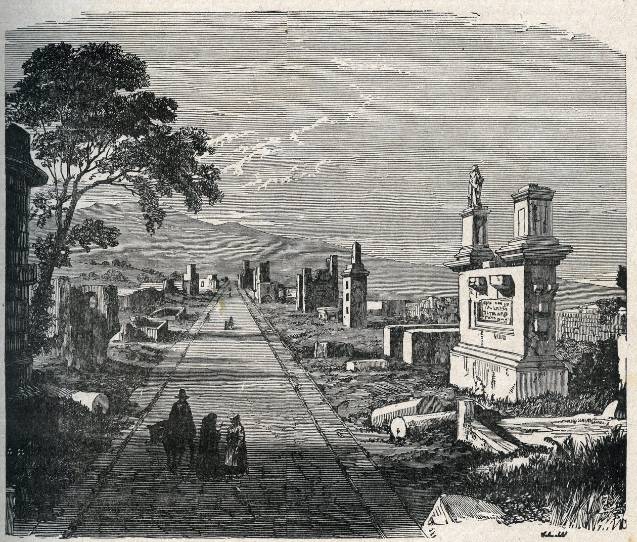 Appia üzerinden Roma yakınlarındaki pontin bataklıklarını (Agro pontino) geçen antik Appia yolu. 19. yüzyılın gravürü. by Unknown artist