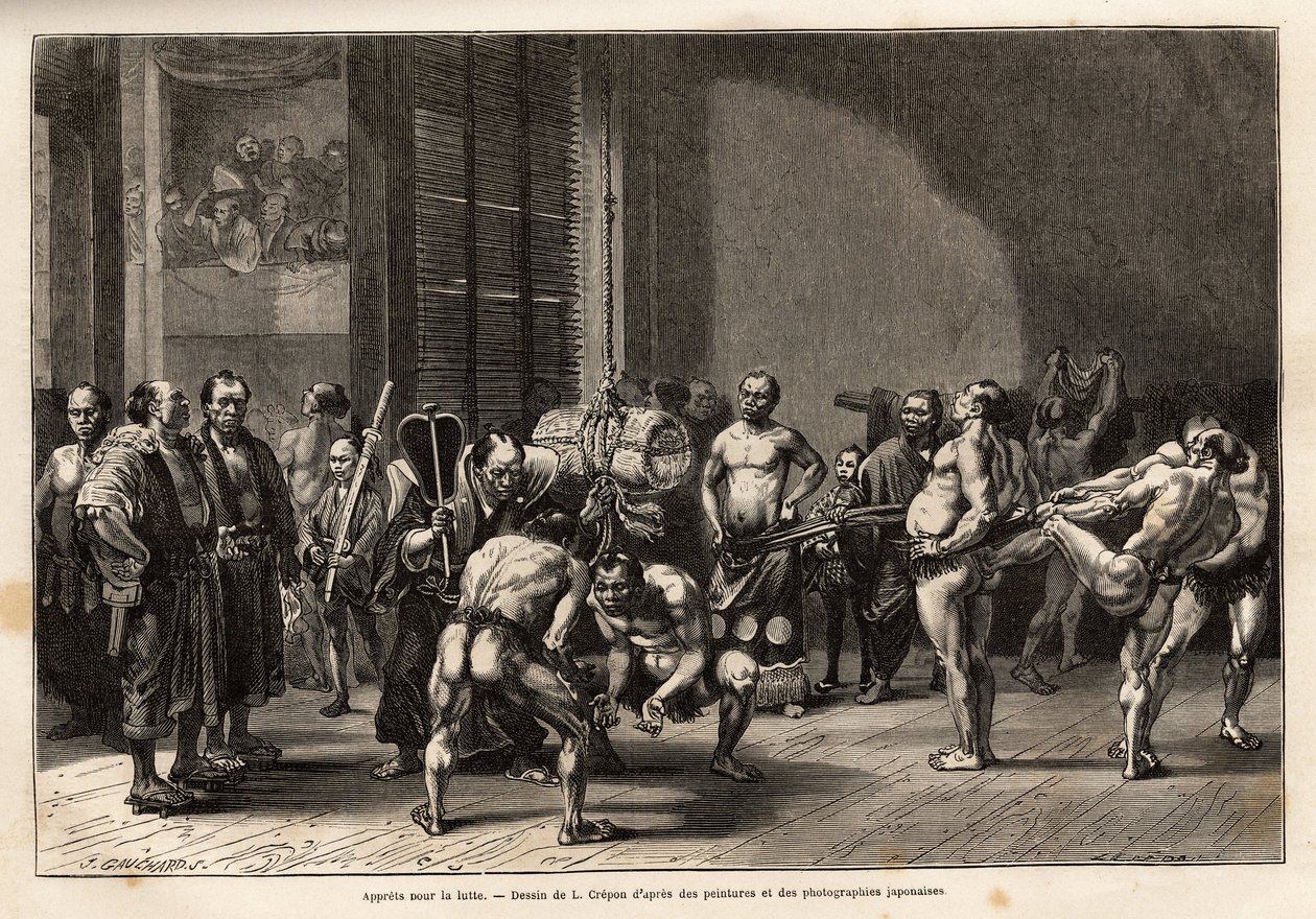 Sumo güreşi adayları, sporcular dövüşmeden önce ısınır, gerilir, stil alır ve konsantre olurlar. 1863-1864