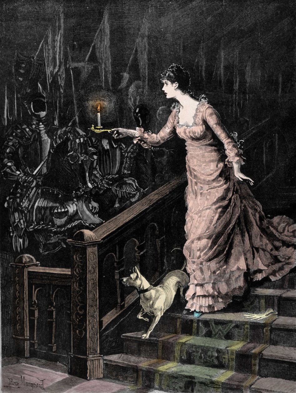 Cephanelik perili: genç bir kadın bir merdivenin basamaklarından iner ve elinde tuttuğu mumu bir zırh setine doğru yönlendirir. 19. yüzyılın sonlarına ait resim by Unknown artist