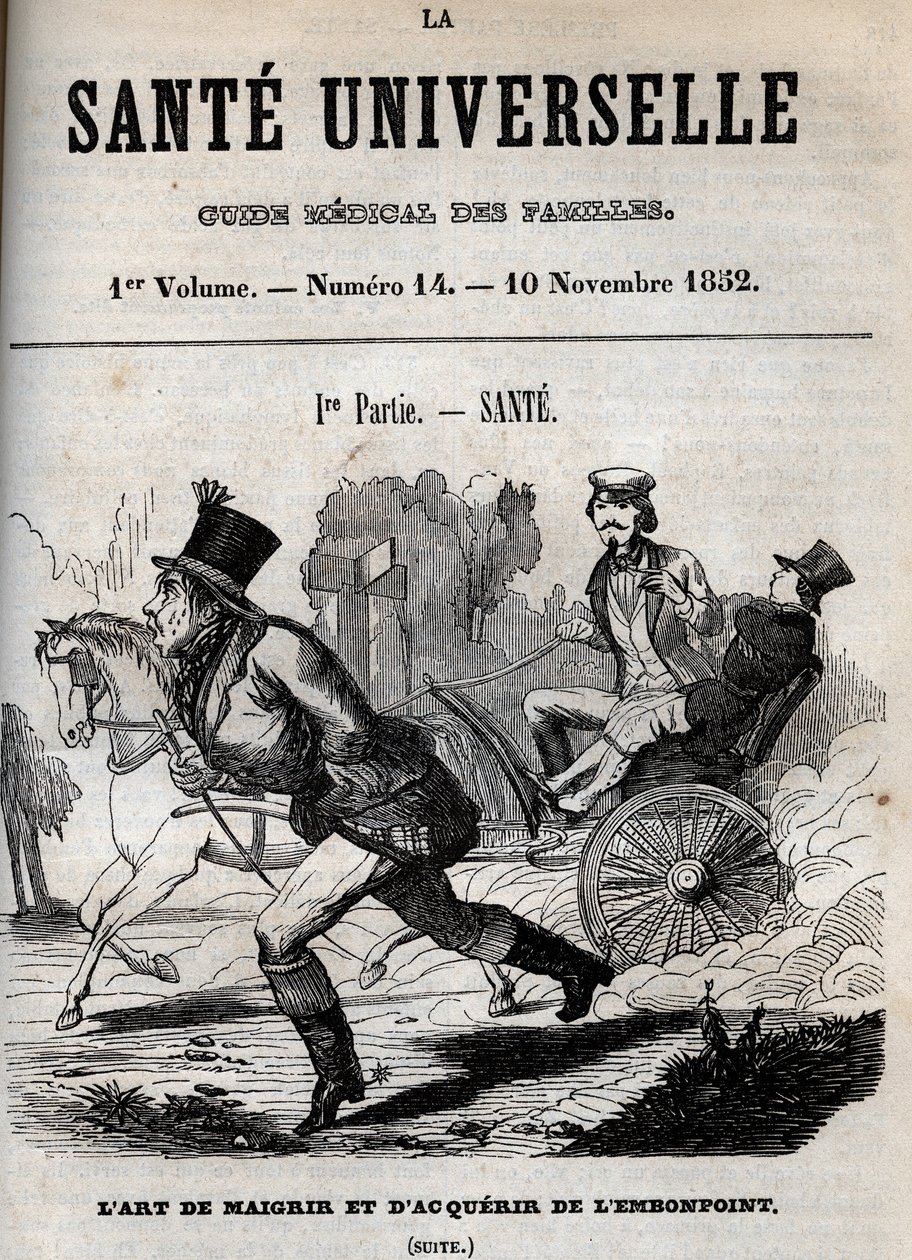 Kilo verme ve fazla kilolu olma sanatı: bir adam yürürken diğeri bir arabada taşınır - “La Sante Universelle - Guide Medical des Familles” 1852