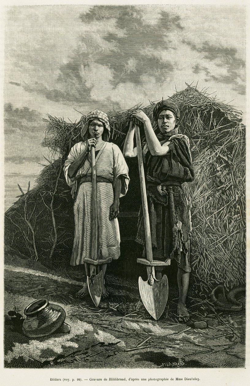 Bir beche sahibi olan bildarlar, Karoun bölgesindeki buğday tarlalarının kanalizasyonunu kazmakla suçlanıyor. Jane Delafoy (1851-1916), akademi görevlisi, le tour du monde 1886, direc tarafından yazılan La Perse, la Chaldee et la Susiane hikayesini gösterm by Unknown artist