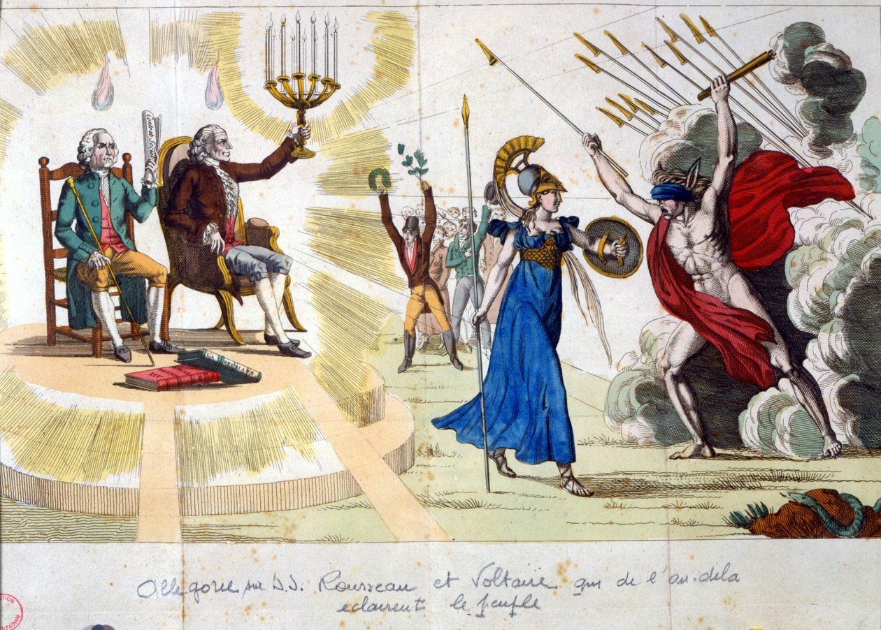 Lumieres yüzyılı: filozoflar Jean Jacques Rousseau ve Voltaire, geçmişten günümüze insanları aydınlatıyor - alegori by Unknown artist