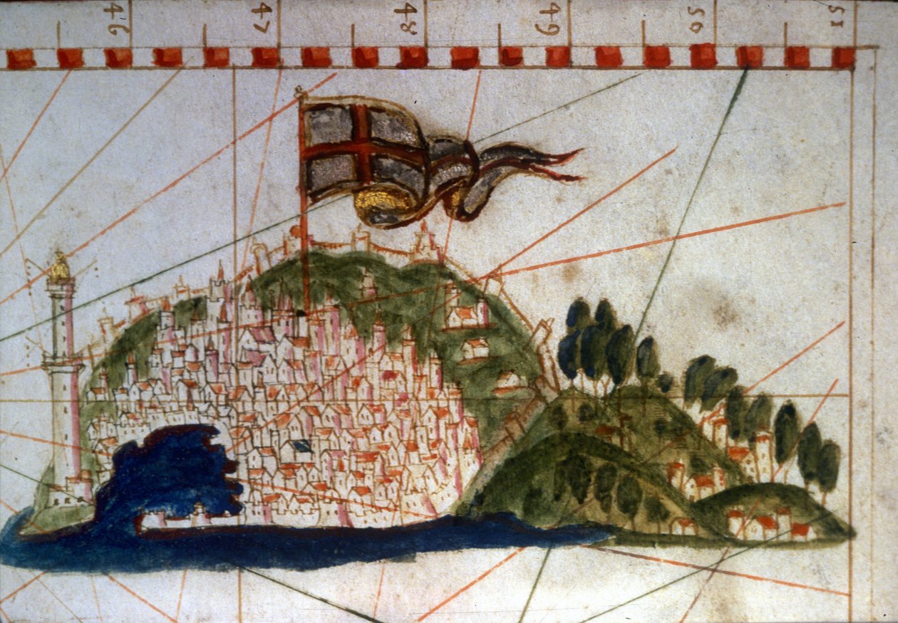 Cenova şehri, 14. yüzyıldan kalma bir portulanda. by Unknown artist