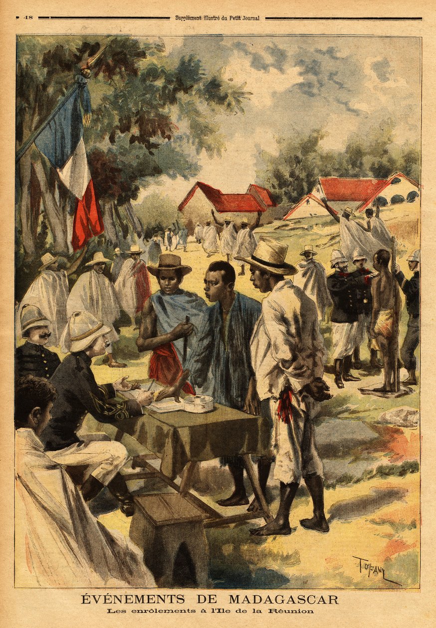 Reunion adasındaki bobinler; Kolonilerin sakinlerini askeri açıdan metropolün askerlerine eşitleyen 1889 yasası, kurulduğu günden bu yana ilk kez savaşacak birlikleri güçlendirmek için uygulandı. by Unknown artist