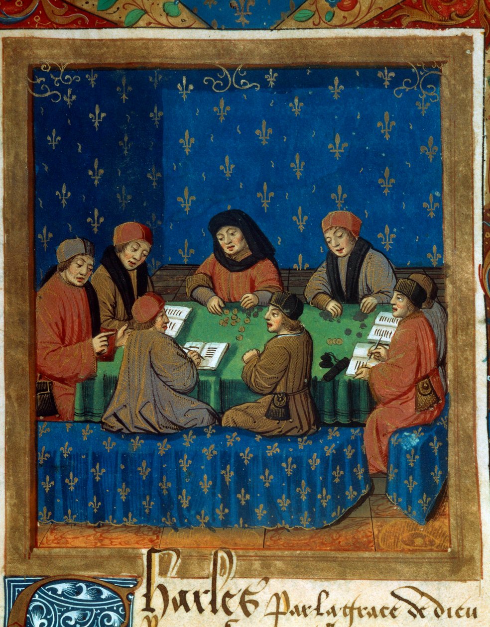 Nicolas Oresme (1320-1382) tarafından gümüş sağımdan alınan Kraliyet Tresor Minyatürünün sayaçları (muhtemelen De Moneta) by Unknown artist