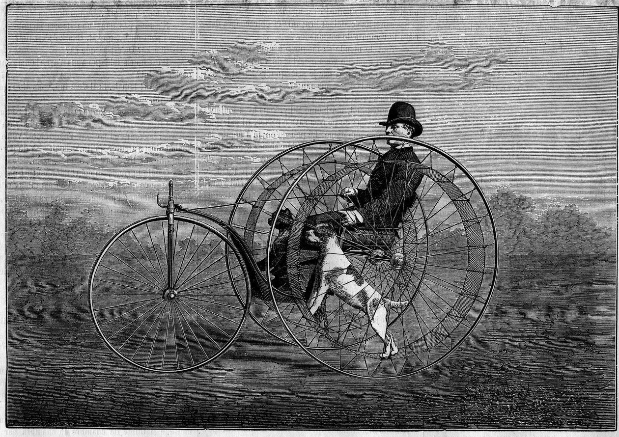 Cynofere: Köpekler tarafından sürülen velocipede. 19. yüzyılın sonlarında icat. 6 Mayıs 1876 tarihli “Şanlı Evren”deki gravür. by Unknown artist